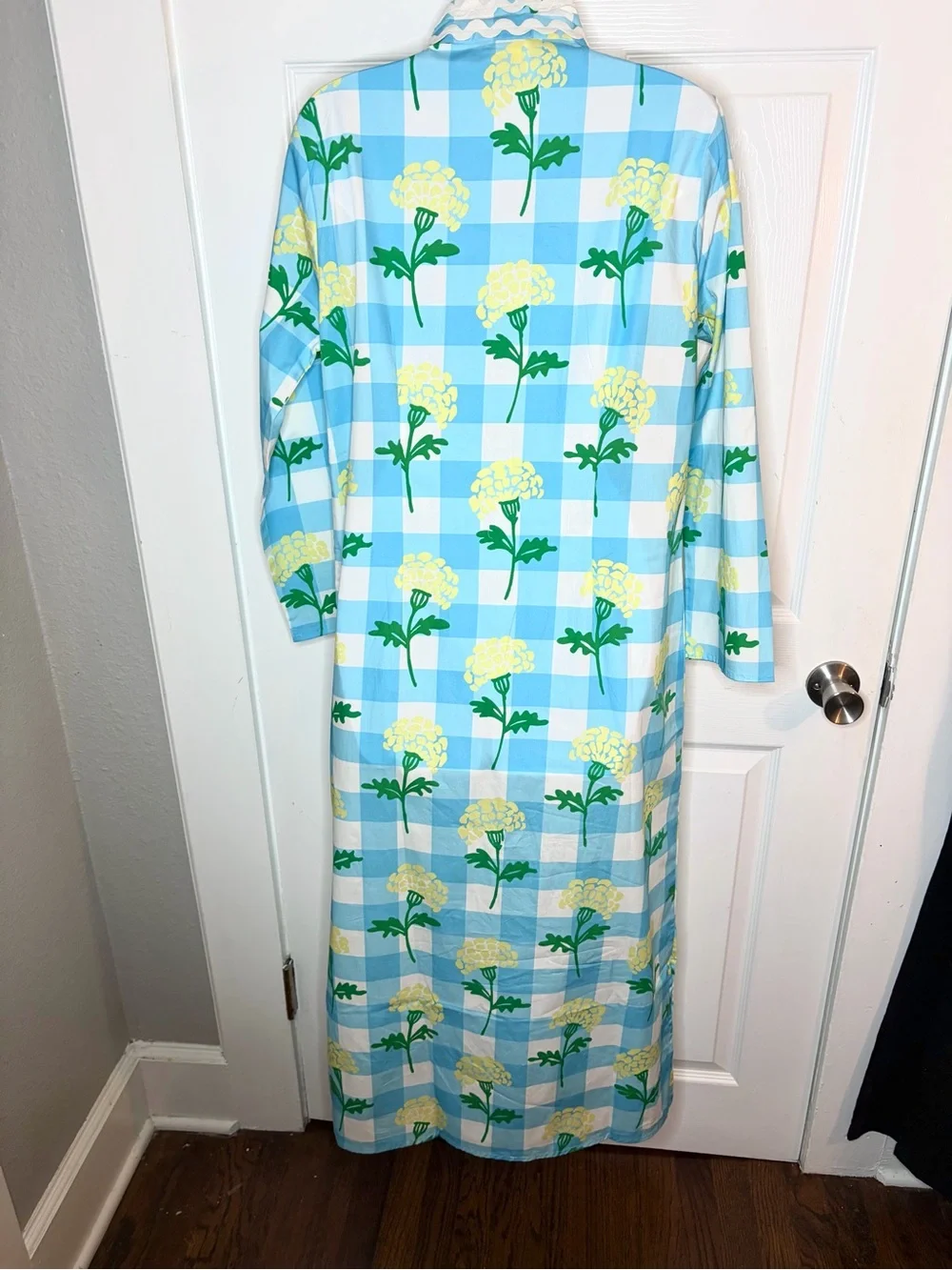 SAIL TO SABLE Long Sleeve Cotton Blue Gingham Floral Print Midi Dress M NWT - Picture 8 of 11